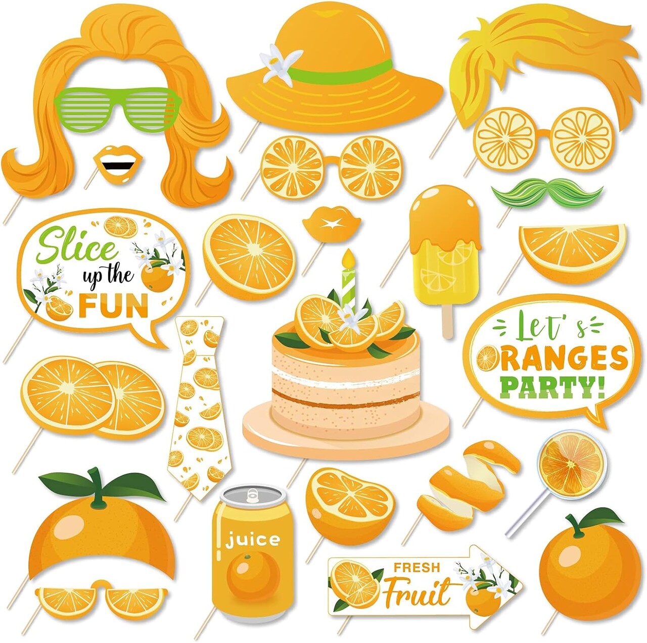 25-piece set of orange fruit-themed photo booth props with sticks—perfect for “Little Cutie” summer selfies, citrus-themed birthday parties, and fun photography backdrop decorations.